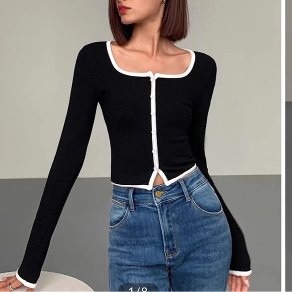 Square Neck Contrast Trim Long Sleeve Knit Shirt - Picture 3 of 5